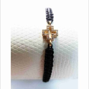 Elegant Black Macrame Bracelet with Gold Cross & Semiprecious Stones