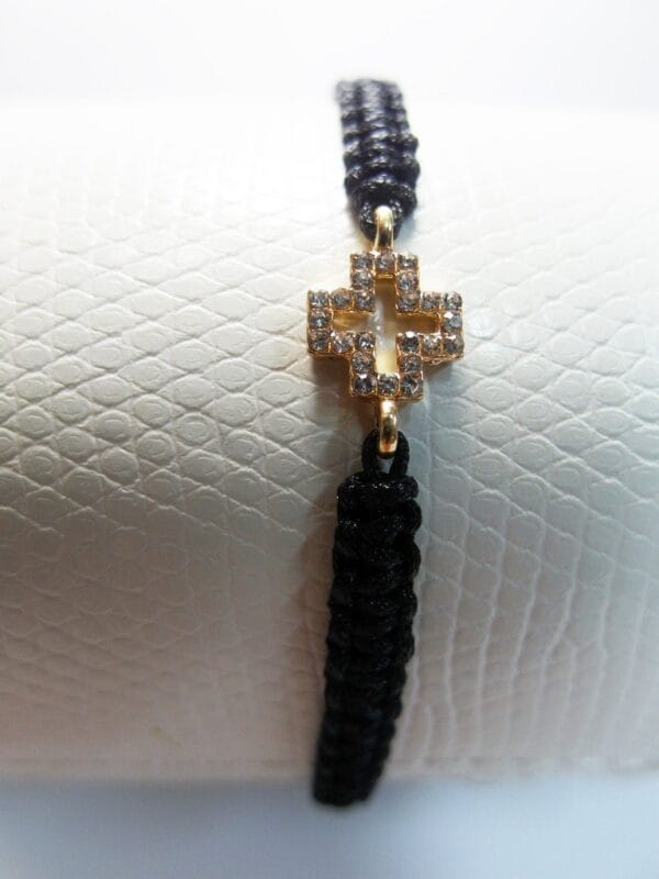 Elegant Black Macrame Bracelet with Gold Cross & Semiprecious Stones