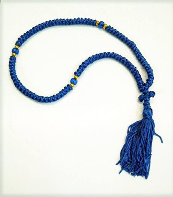 Prayer Rope 100 knots Blue silk thread with blue and gold beads with Holy anointing oil