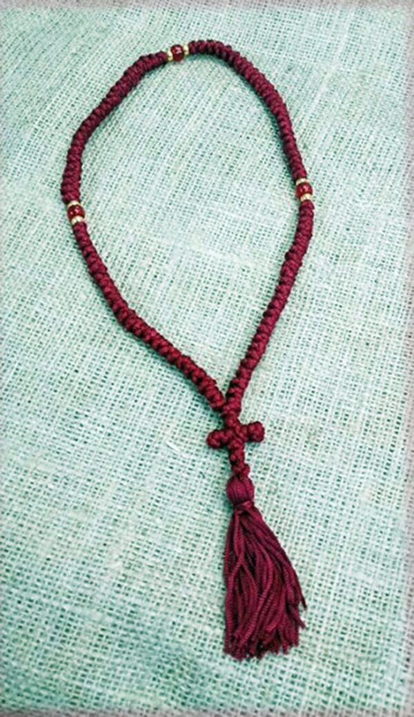 Prayer Rope 100 knots Red silk thread with red and gold beads with Holy anointing oil