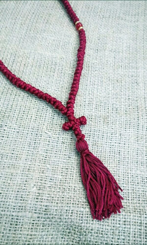 Prayer Rope 100 knots Red silk thread with red and gold beads with Holy anointing oil