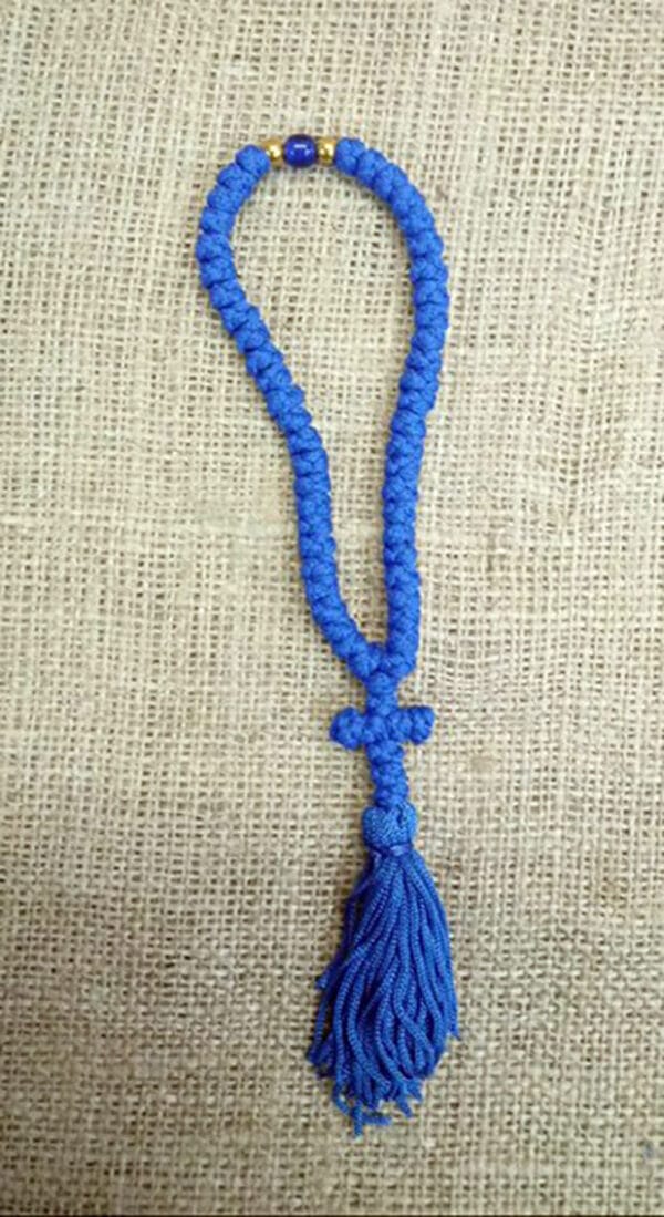 Prayer Rope 50 knots Blue silk thread with blue and gold beads with Holy anointing oil