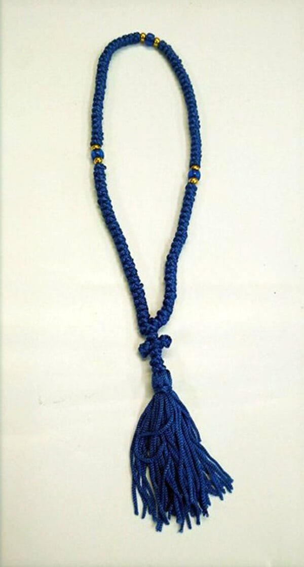 Prayer Rope 100 knots Blue silk thread with blue and gold beads with Holy anointing oil