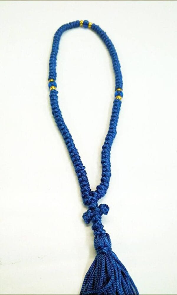 Prayer Rope 100 knots Blue silk thread with blue and gold beads with Holy anointing oil