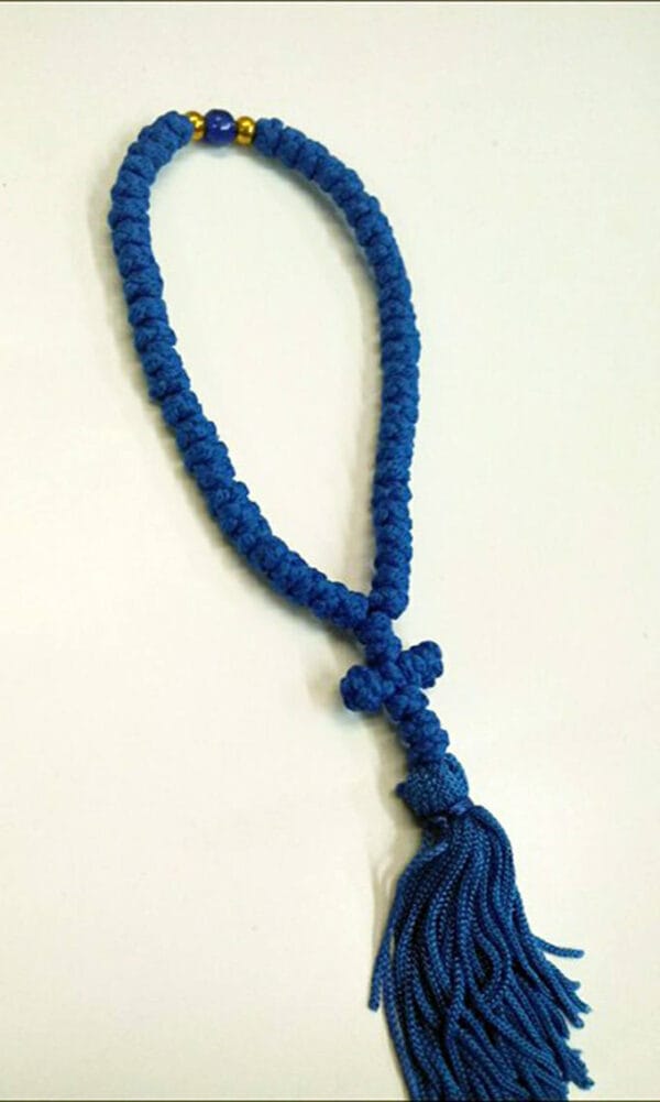 Prayer Rope 50 knots Blue silk thread with blue and gold beads with Holy anointing oil