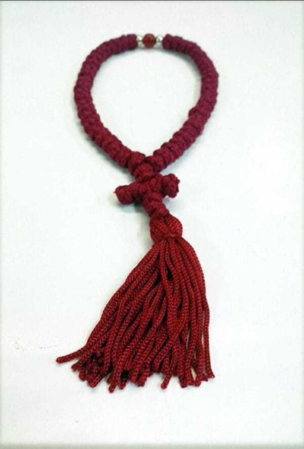 Prayer Rope 50 knots Red silk thread with red and gold beads with Holy anointing oil
