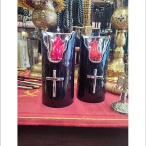 Candlestick with embossed Silver Cross and LED electric red flame