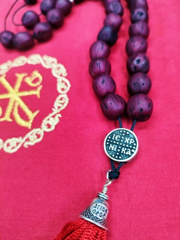 33 Red dark Nutmeg Prayer Beads with Holy Myrrh