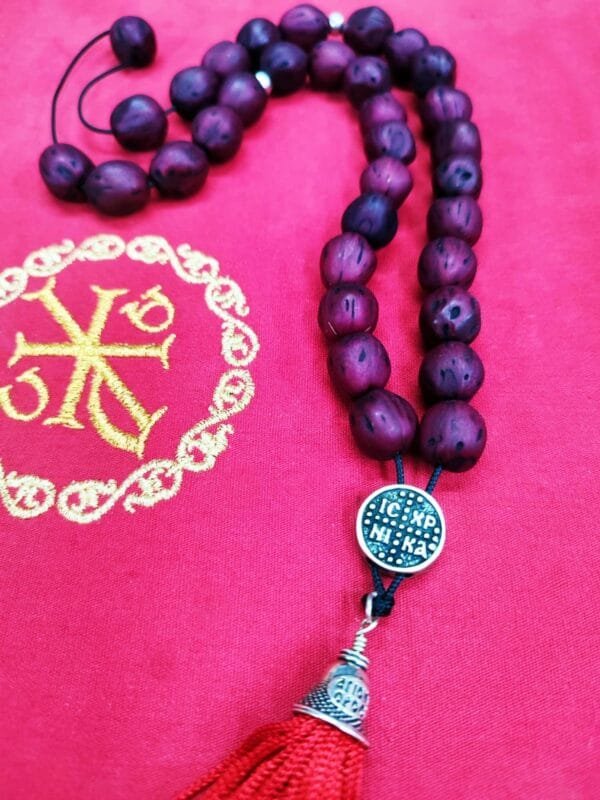 33 Red dark Nutmeg Prayer Beads with Holy Myrrh